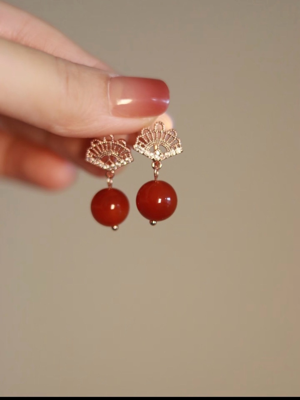 New Elegant Rose Gold Fan Drop Earrings with Red Agate Beads- Clip On with pads
